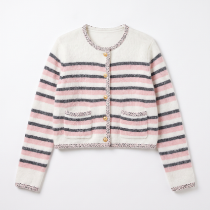 Sunoire wholesale custom striped women cardigan crew neck 12gg soft mohair feel brushed knitwear gold button crop cardigan sweater garment flatlay 01