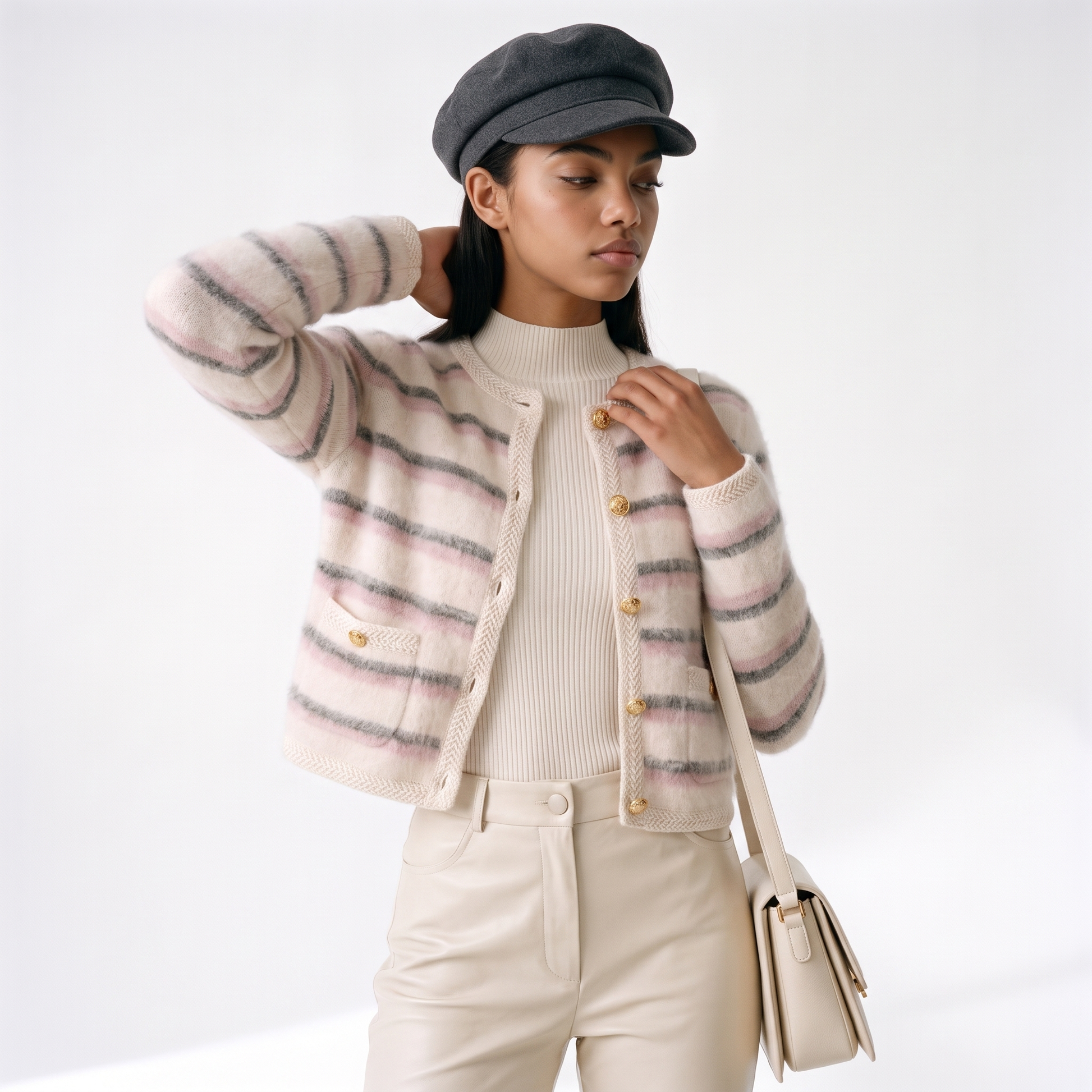 Sunoire wholesale custom striped women cardigan crew neck 12gg soft mohair feel brushed knitwear gold button crop cardigan sweater top crop 3q 01