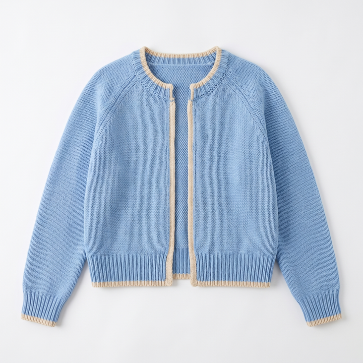 Sunoire wholesale custom women s zip up cardigan soft organic cotton crew neck knitwear with color block trim support oem odm knitwear garment flatlay 01