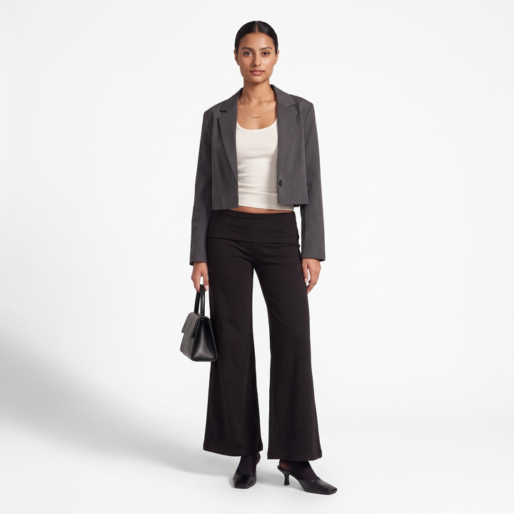 Foldover Waist Wide Leg Pants, Flowy Everyday Casual Trousers, Front