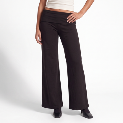 Foldover Waist Wide Leg Pants, Flowy Everyday Casual Trousers, Front close-up