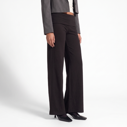 Foldover Waist Wide Leg Pants, Flowy Everyday Casual Trousers, Three-quarter