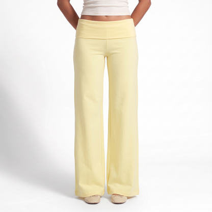 Foldover Waist Wide Leg Pants, Flowy Everyday Casual Trousers, Yellow