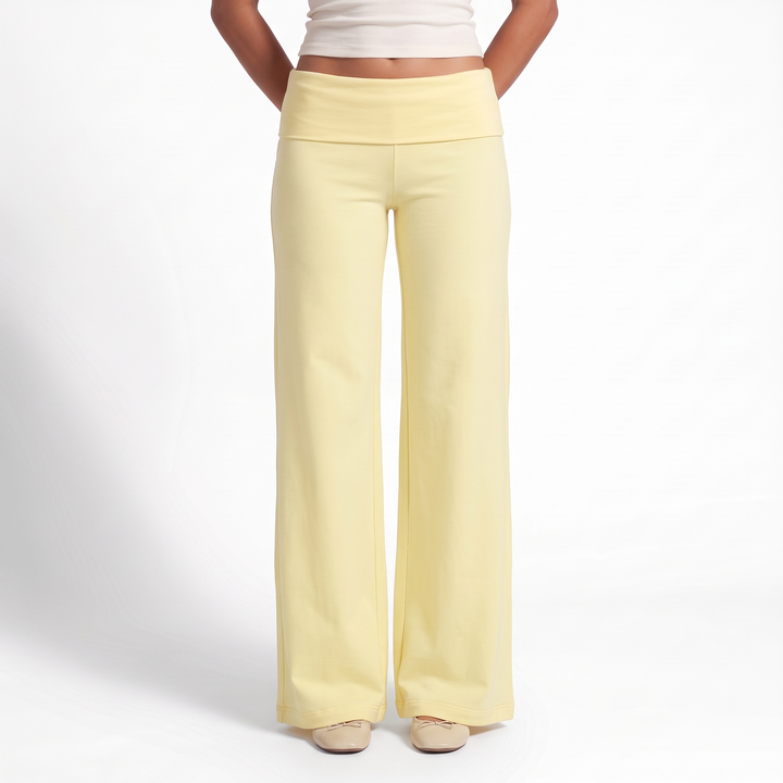 Foldover Waist Wide Leg Pants – Flowy Everyday Casual Trousers — Yellow