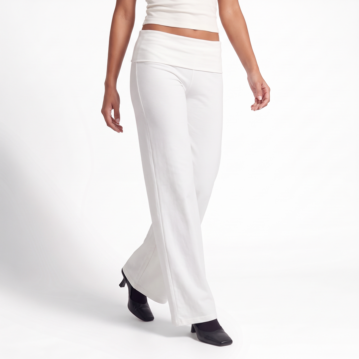 Foldover Waist Wide Leg Pants – Flowy Everyday Casual Trousers — White