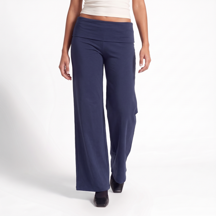 Foldover Waist Wide Leg Pants – Flowy Everyday Casual Trousers — Navy