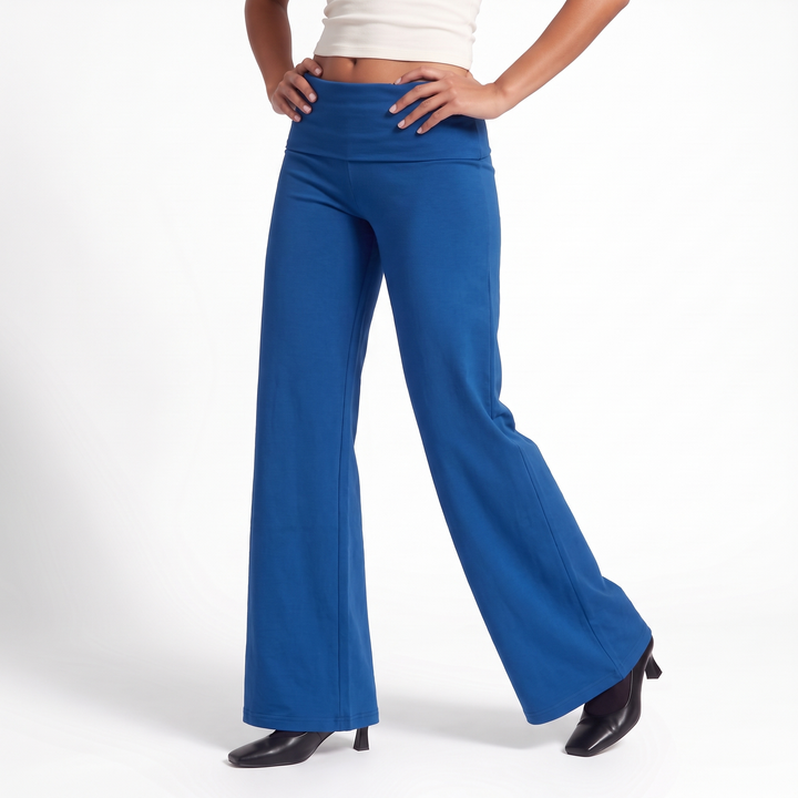 Foldover Waist Wide Leg Pants – Flowy Everyday Casual Trousers — Blue