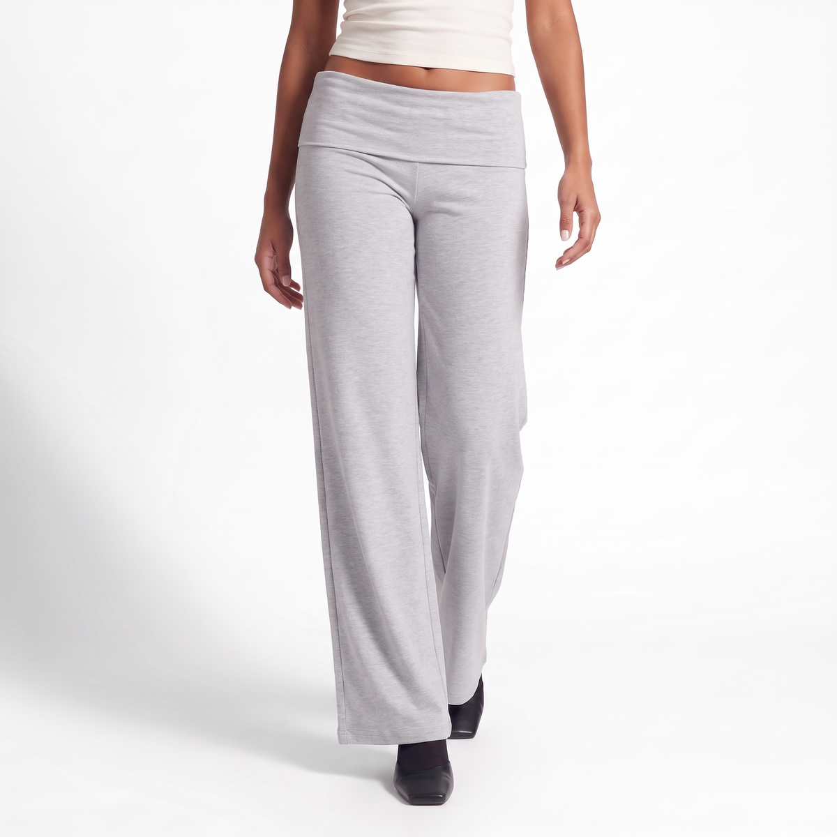 Foldover Waist Wide Leg Pants, Flowy Everyday Casual Trousers, Light Gray Melange