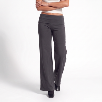 Foldover Waist Wide Leg Pants, Flowy Everyday Casual Trousers, Dark Gray