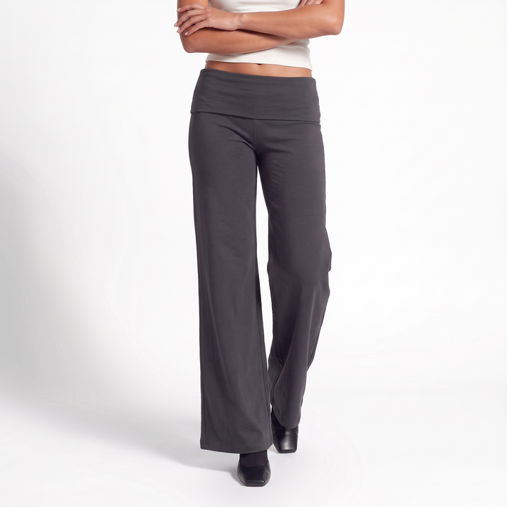 Foldover Waist Wide Leg Pants – Flowy Everyday Casual Trousers — Dark Gray