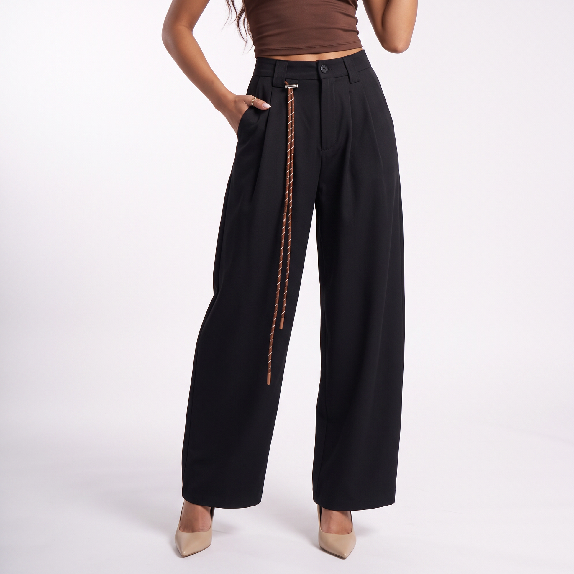 Sunoire wide leg trousers for women and girls new spring and autumn style loose and casual slimming straight leg trousers pants colorway black front crop 01