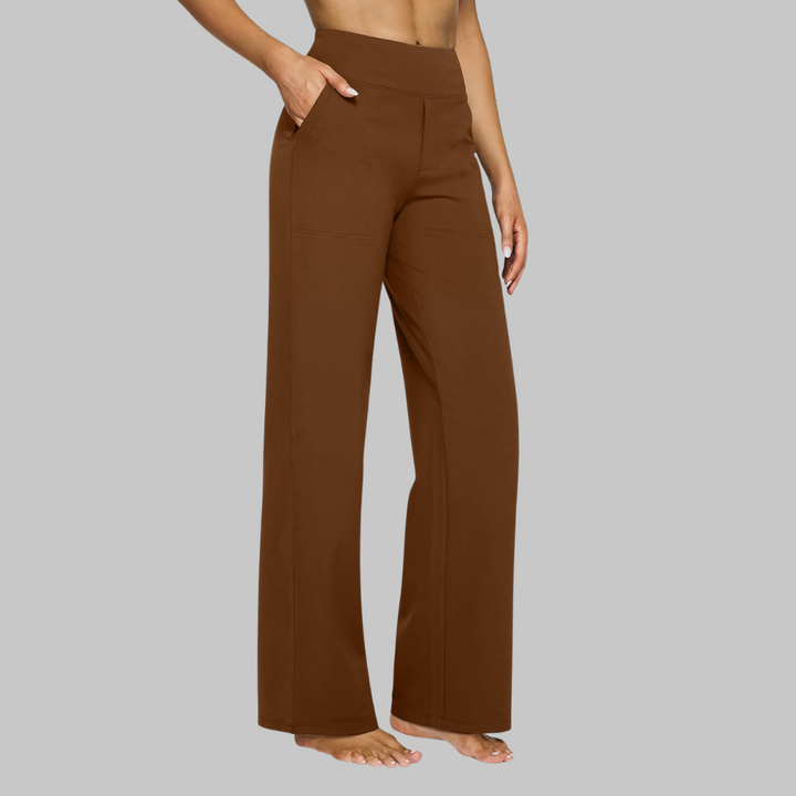 Wide-Leg Yoga Trousers Polyester High-Waist for Women — Brown