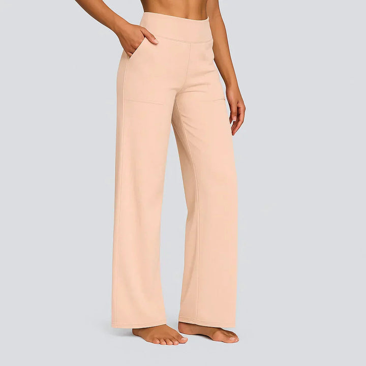 Wide-Leg Yoga Trousers Polyester High-Waist for Women — Apricot
