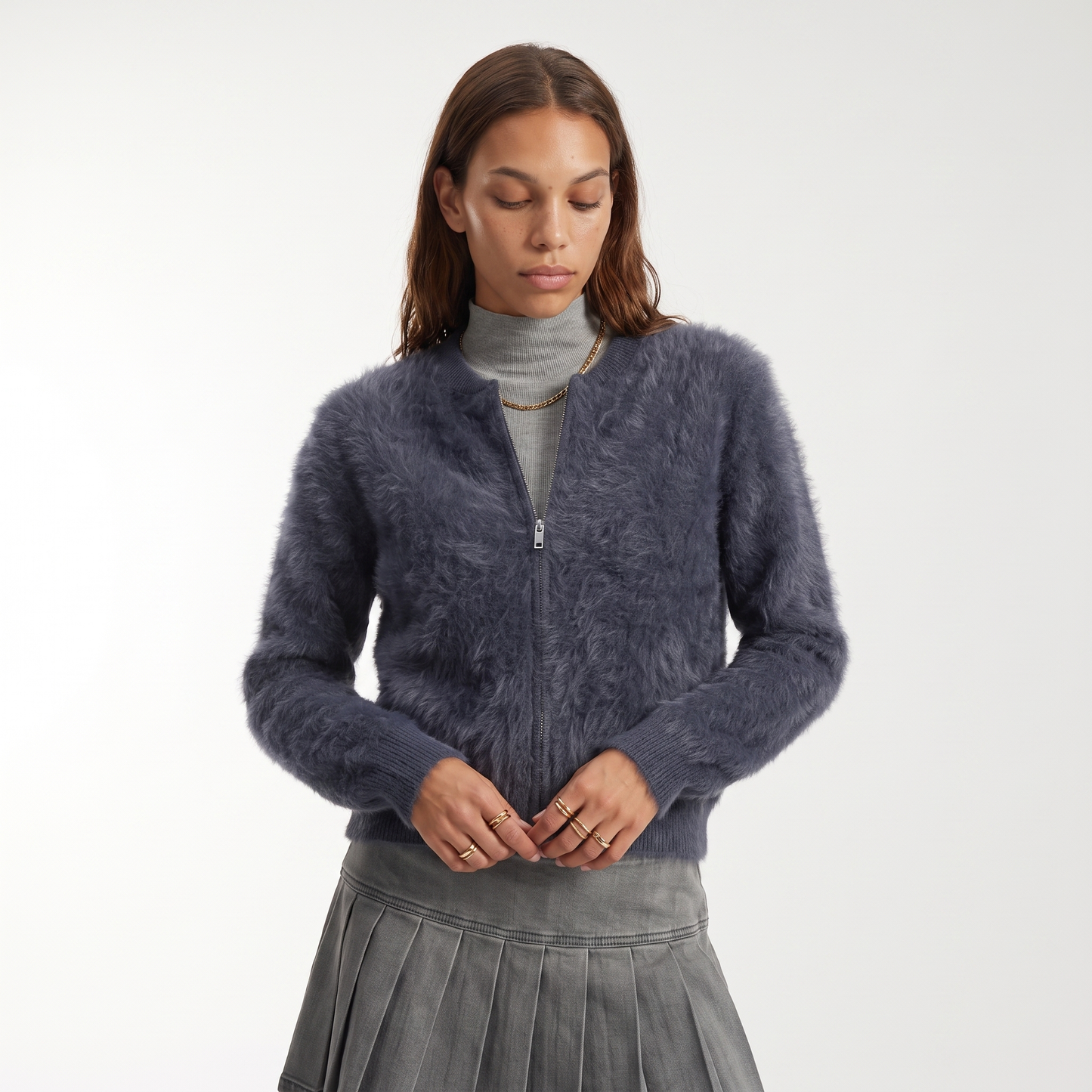 Sunoire winter 100 cashmere medium solid color full sleeve baseball zipper cardigan women s casual jacket top front crop 01