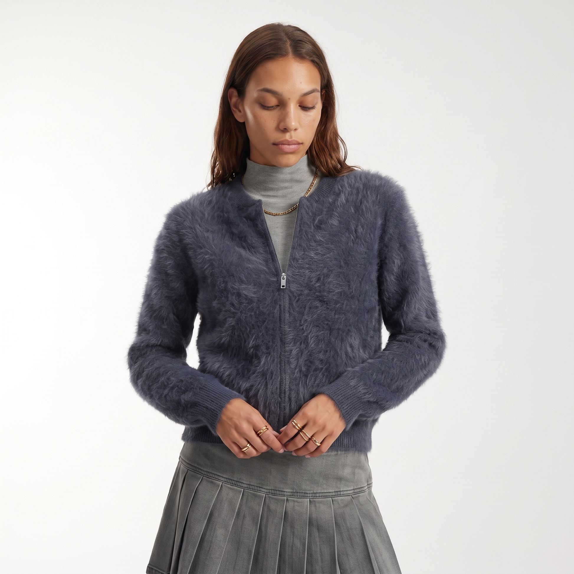 Sunoire winter 100 cashmere medium solid color full sleeve baseball zipper cardigan women s casual jacket top front crop 01