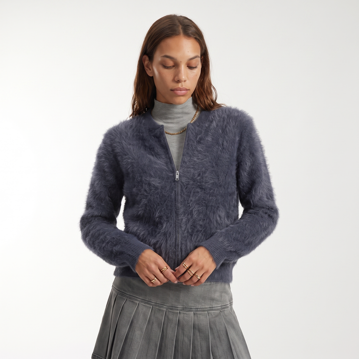 Sunoire winter 100 cashmere medium solid color full sleeve baseball zipper cardigan women s casual jacket top front crop 01