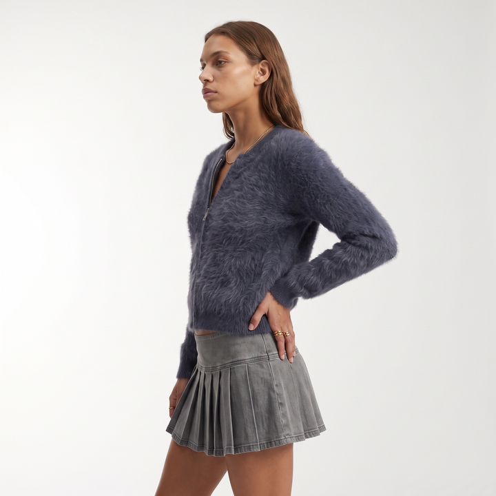 Sunoire winter 100 cashmere medium solid color full sleeve baseball zipper cardigan women s casual jacket top side crop 01