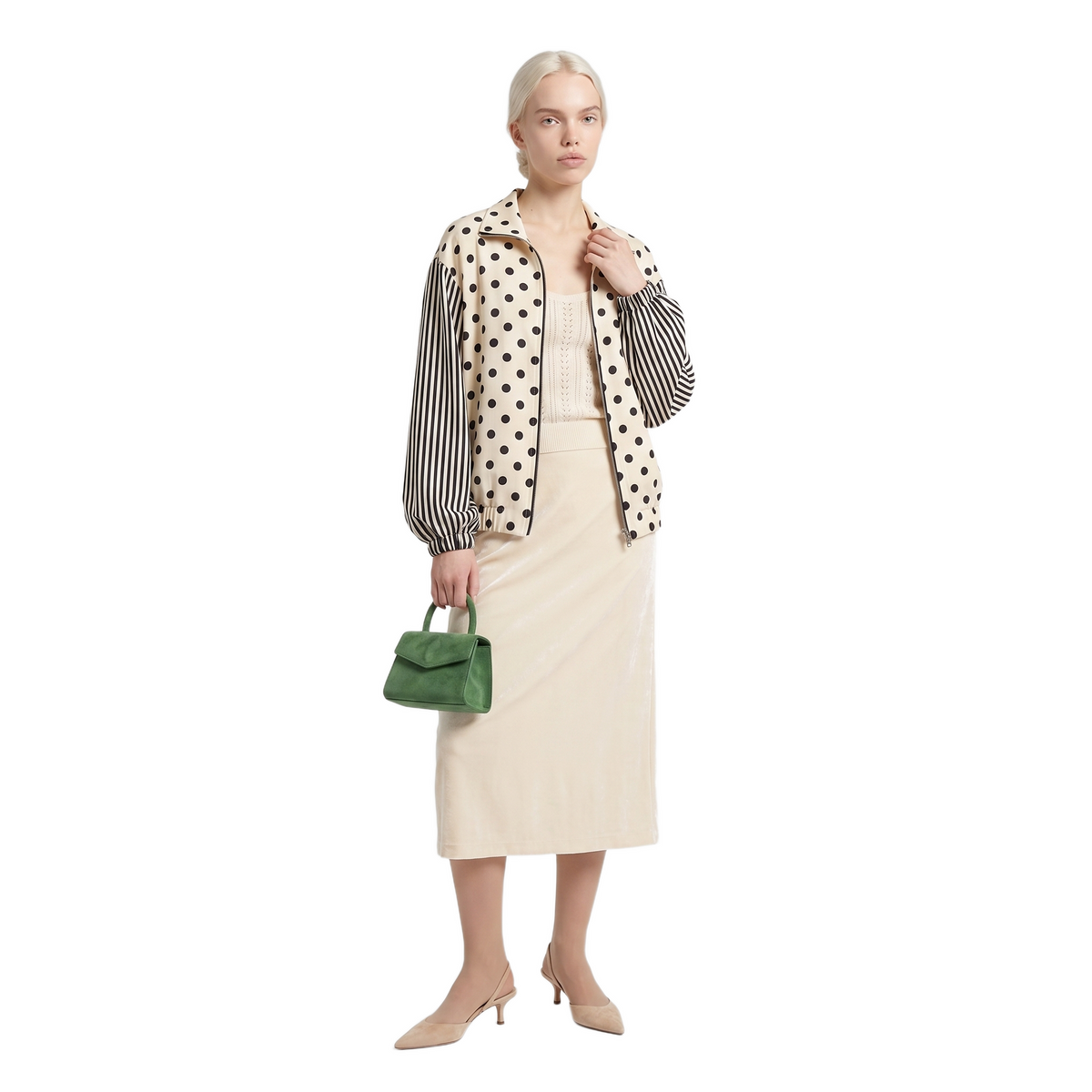 Sunoire women 2026 fall polka dot outerwear stand collar loose fit elegant casual long sleeve jacket front hero 01