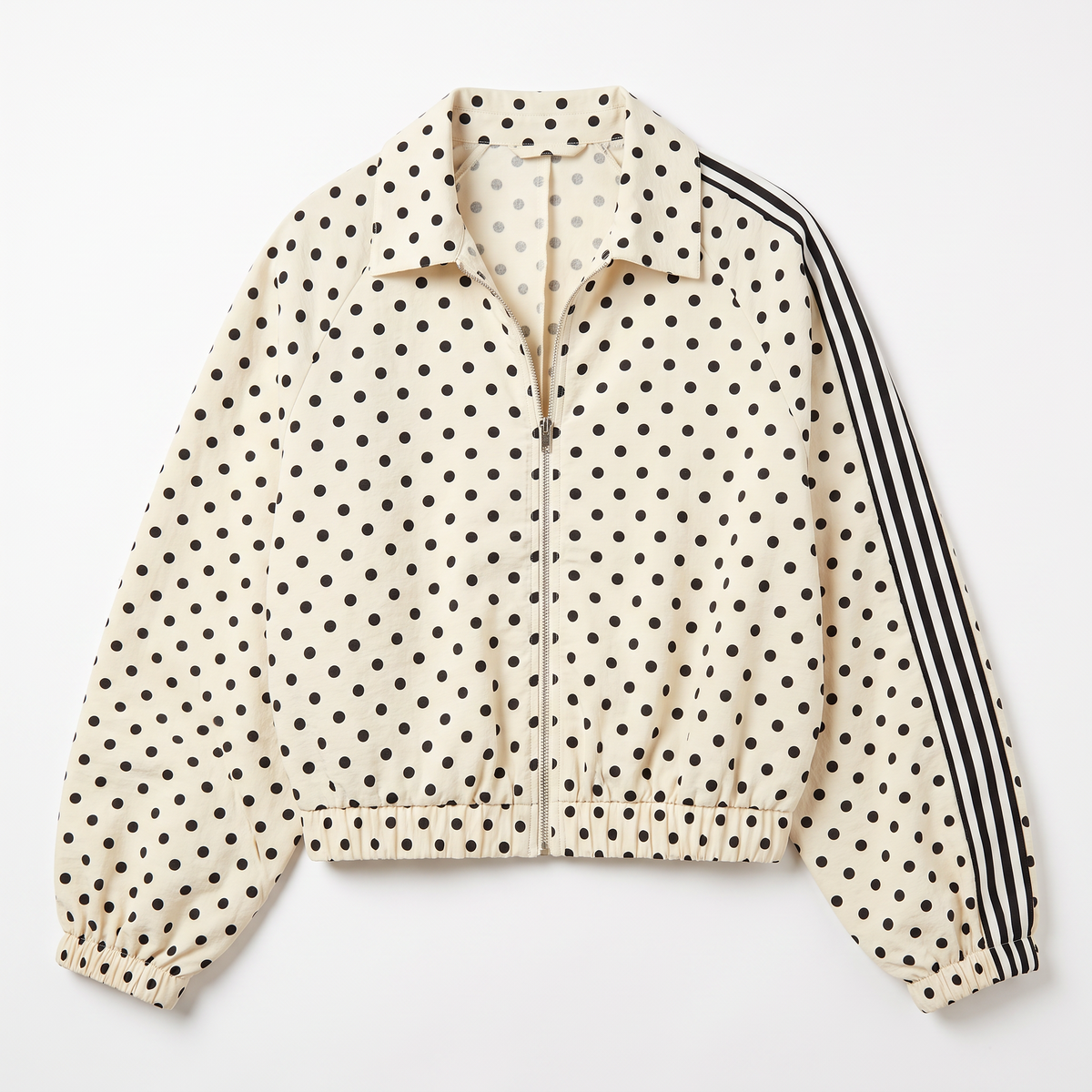 Sunoire women 2026 fall polka dot outerwear stand collar loose fit elegant casual long sleeve jacket garment flatlay 01