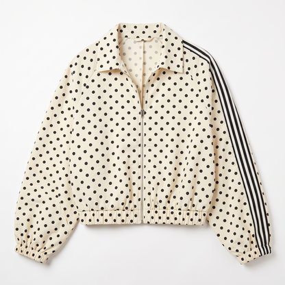 Sunoire women 2026 fall polka dot outerwear stand collar loose fit elegant casual long sleeve jacket garment flatlay 01