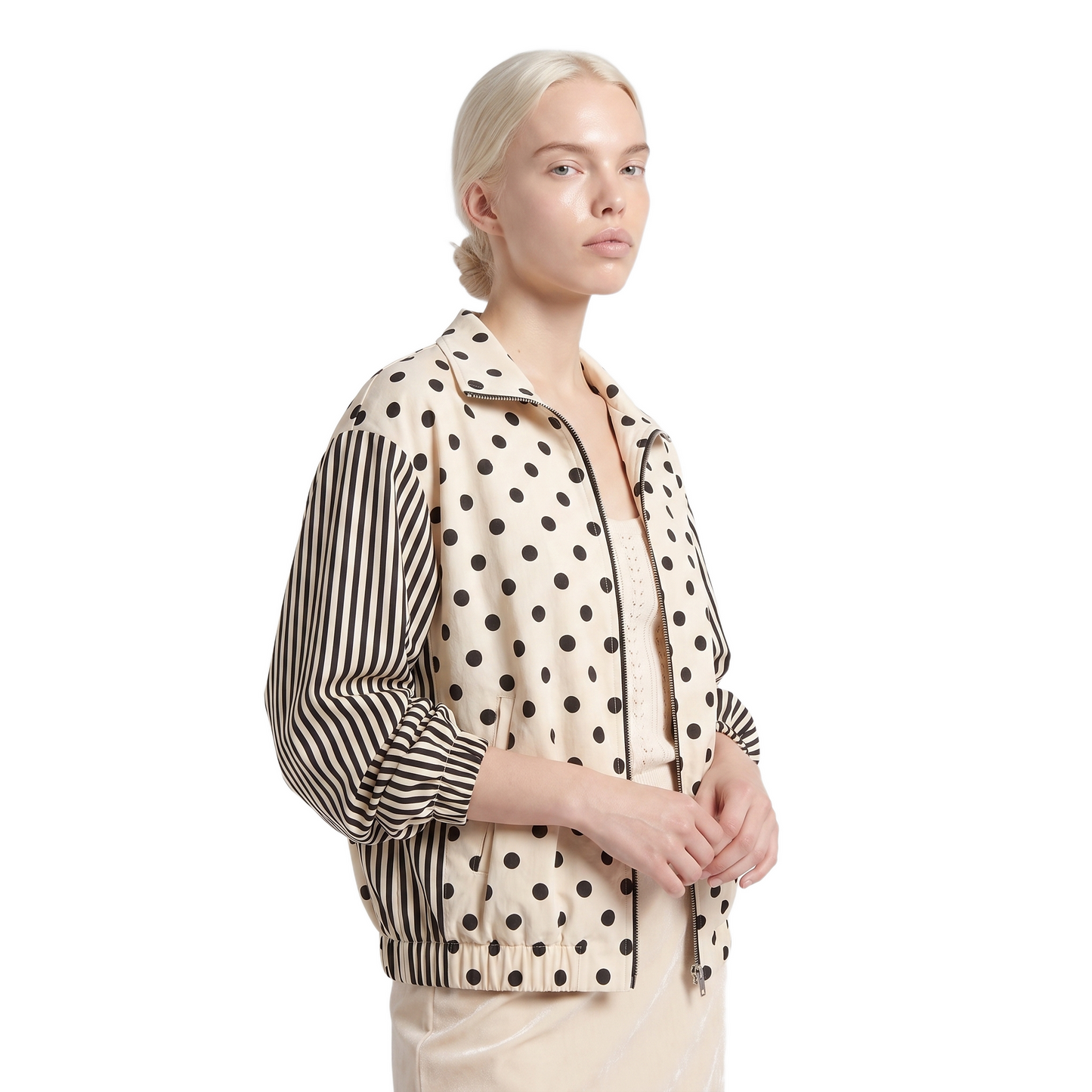 Sunoire women 2026 fall polka dot outerwear stand collar loose fit elegant casual long sleeve jacket top crop 3q 01