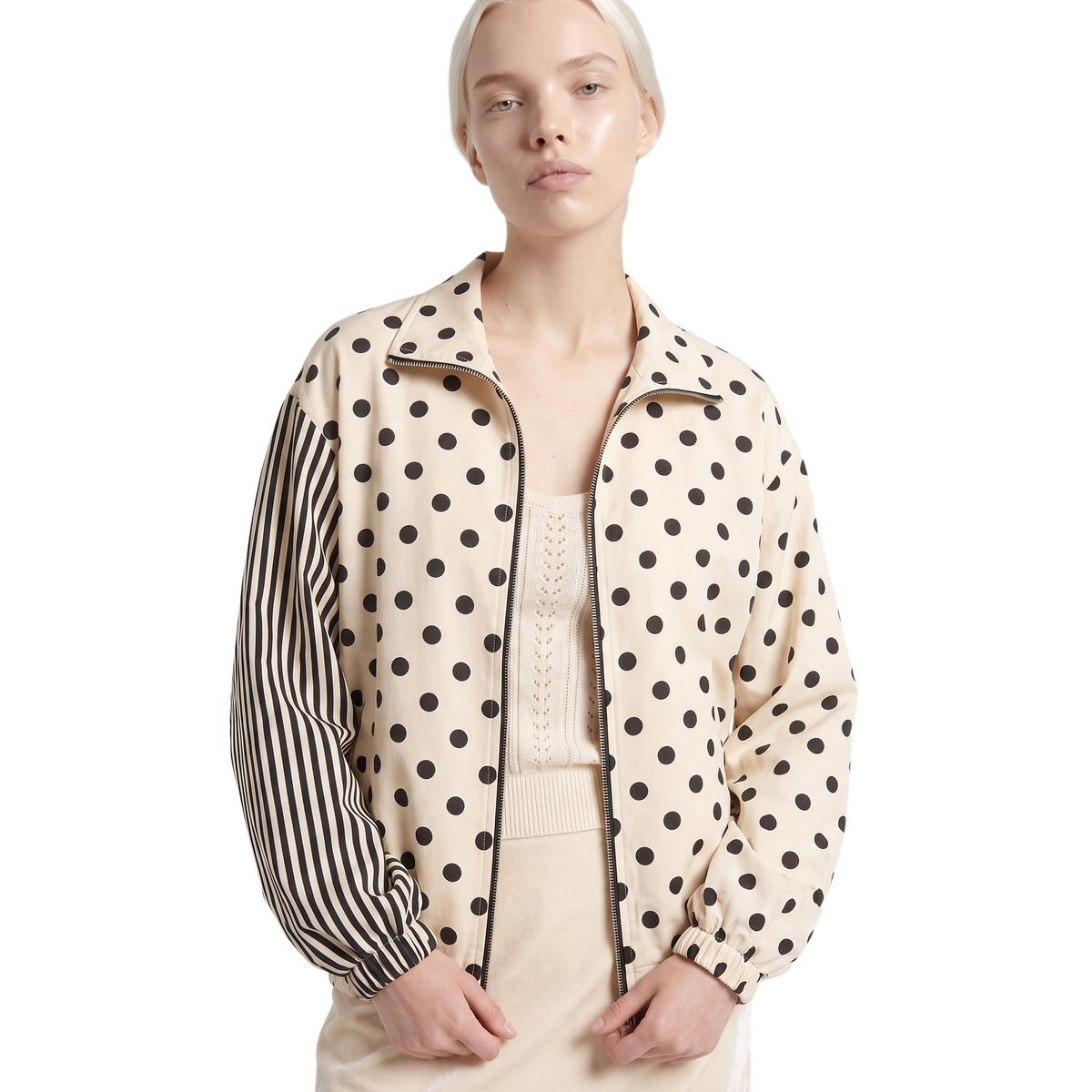 Sunoire women 2026 fall polka dot outerwear stand collar loose fit elegant casual long sleeve jacket top front crop 01
