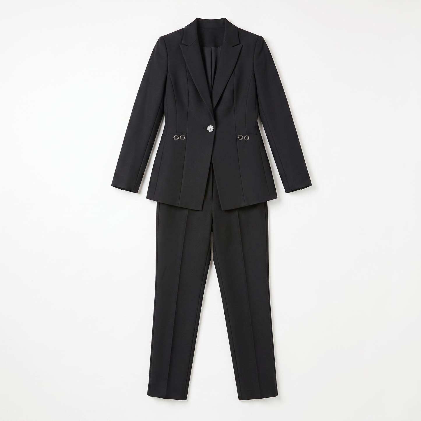 Sunoire women blazer set with one button and straight trousers garment flatlay 01