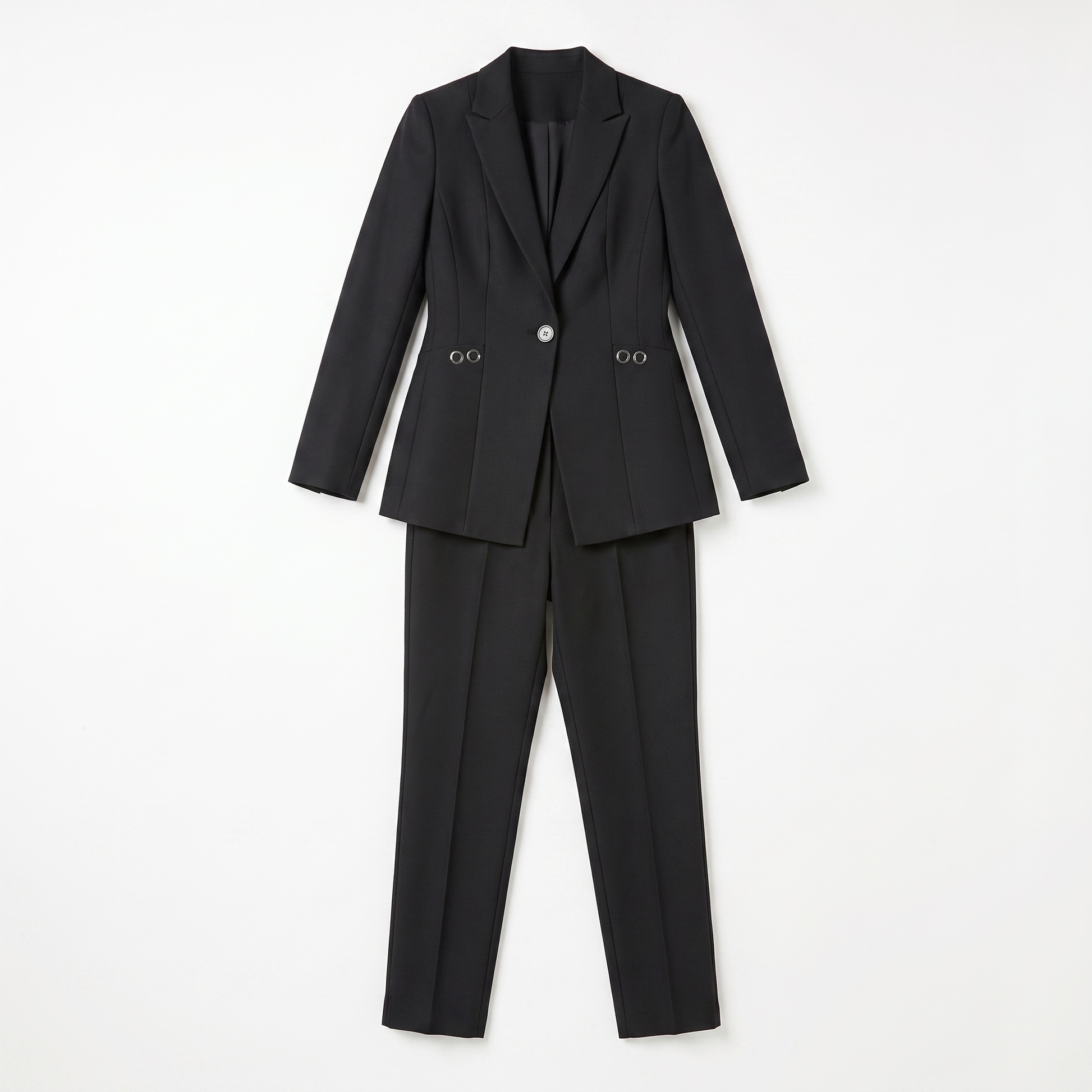 Sunoire women blazer set with one button and straight trousers garment flatlay 01
