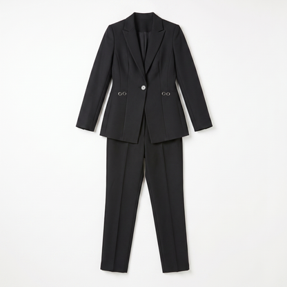 Sunoire women blazer set with one button and straight trousers garment flatlay 01