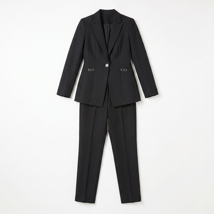 Sunoire women blazer set with one button and straight trousers garment flatlay 01