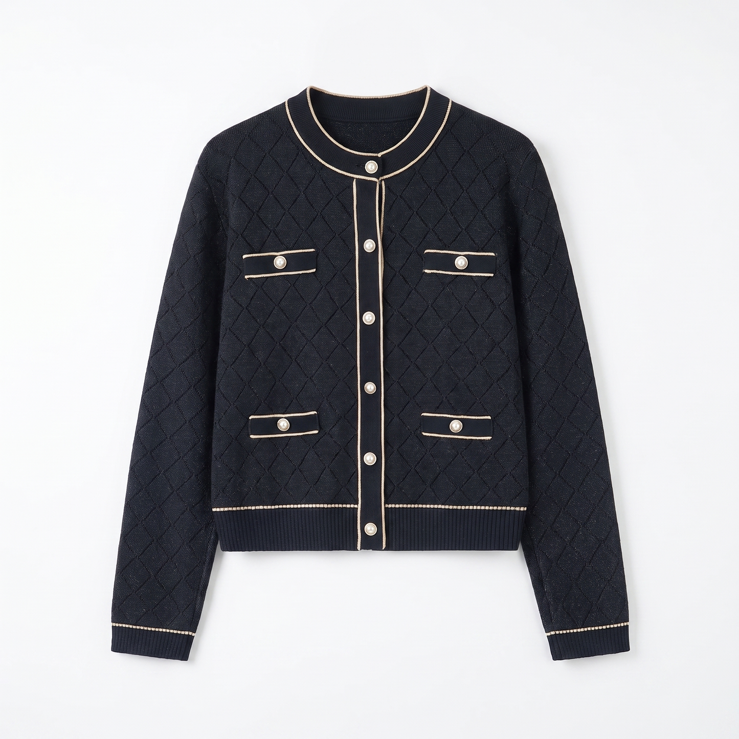 Sunoire women classic tweed style knit cardigan silver trim diamond jacquard pearl button pocket long sleeve elegant lady knit jacket garment flatlay 01