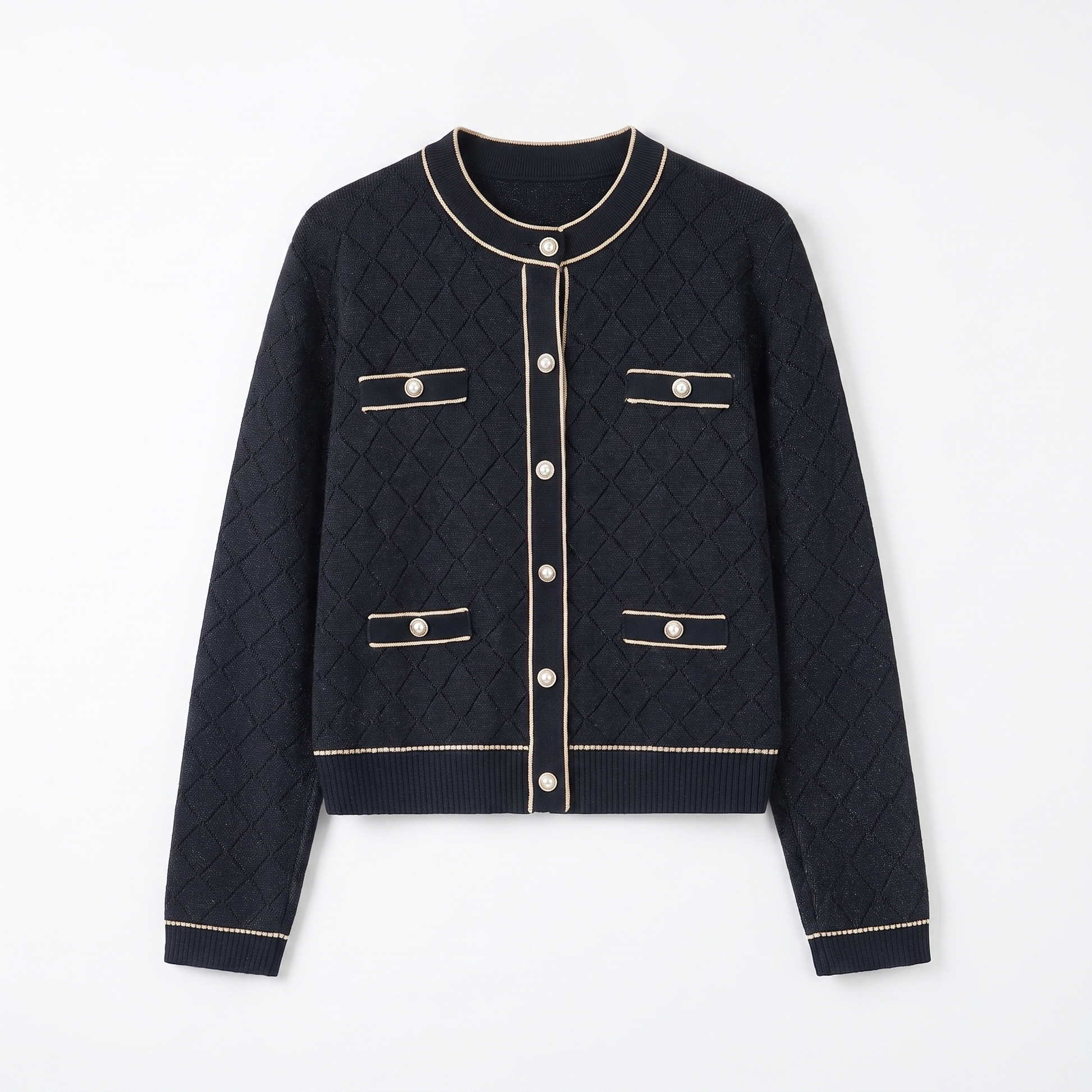 Sunoire women classic tweed style knit cardigan silver trim diamond jacquard pearl button pocket long sleeve elegant lady knit jacket garment flatlay 01