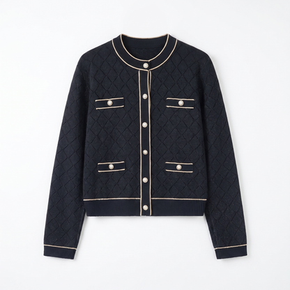 Sunoire women classic tweed style knit cardigan silver trim diamond jacquard pearl button pocket long sleeve elegant lady knit jacket garment flatlay 01