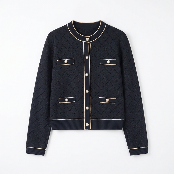 Sunoire women classic tweed style knit cardigan silver trim diamond jacquard pearl button pocket long sleeve elegant lady knit jacket garment flatlay 01