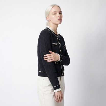 Sunoire women classic tweed style knit cardigan silver trim diamond jacquard pearl button pocket long sleeve elegant lady knit jacket top crop 3q 01
