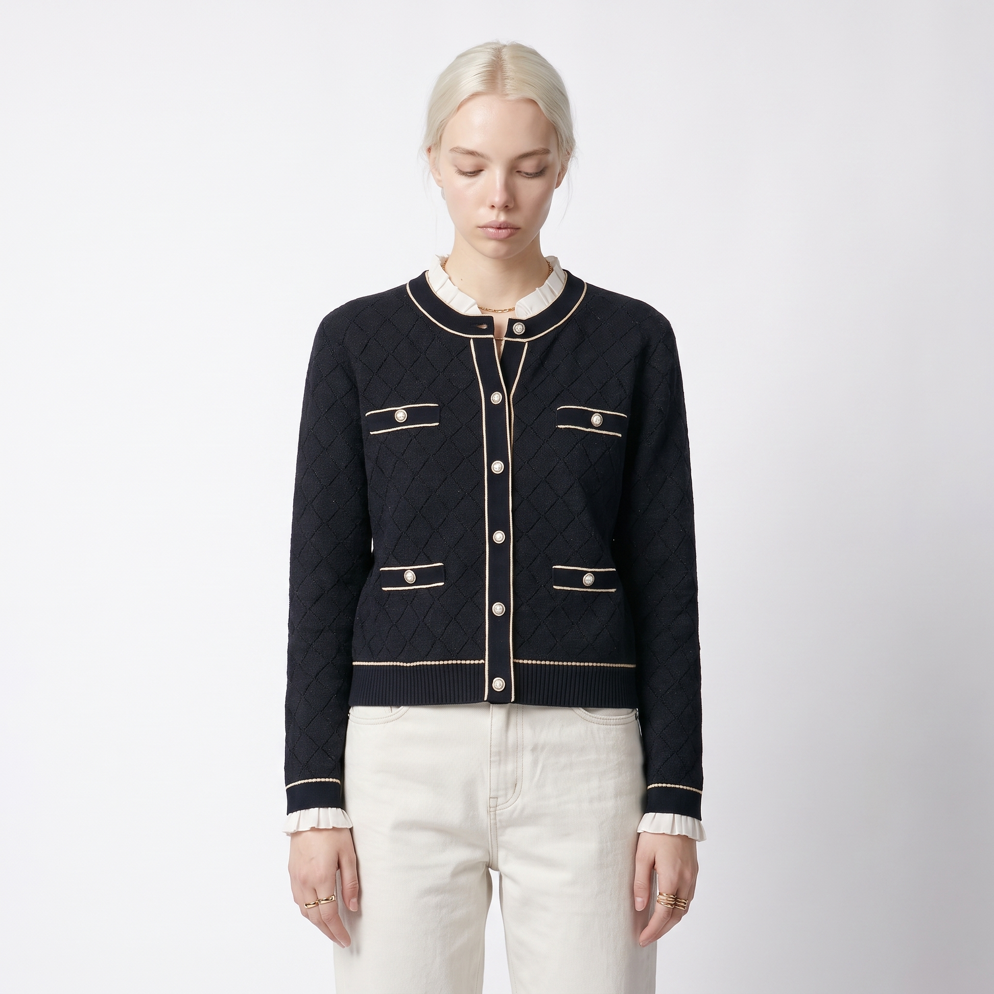 Sunoire women classic tweed style knit cardigan silver trim diamond jacquard pearl button pocket long sleeve elegant lady knit jacket top front crop 01