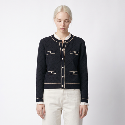 Sunoire women classic tweed style knit cardigan silver trim diamond jacquard pearl button pocket long sleeve elegant lady knit jacket top front crop 01