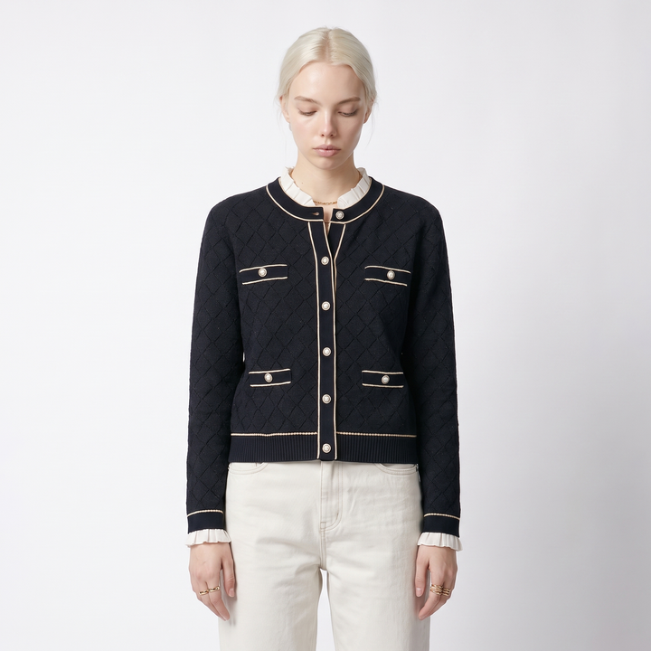 Sunoire women classic tweed style knit cardigan silver trim diamond jacquard pearl button pocket long sleeve elegant lady knit jacket top front crop 01