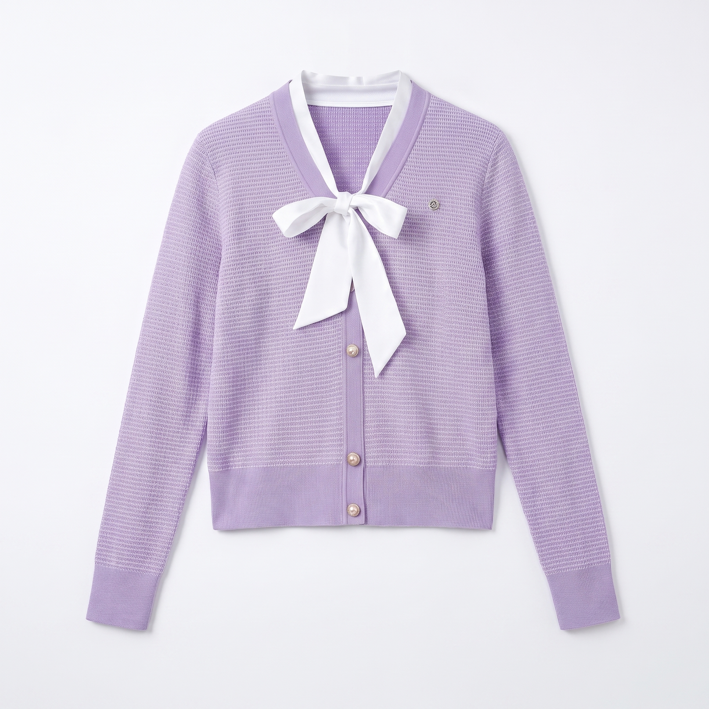 Sunoire women cropped v neck knit cardigan white bow tie waffle texture pearl button long sleeve elegant purple sweater jacket garment flatlay 01