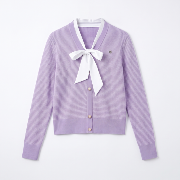 Sunoire women cropped v neck knit cardigan white bow tie waffle texture pearl button long sleeve elegant purple sweater jacket garment flatlay 01