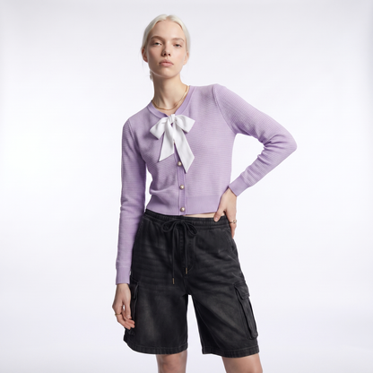Sunoire women cropped v neck knit cardigan white bow tie waffle texture pearl button long sleeve elegant purple sweater jacket top crop 3q 01