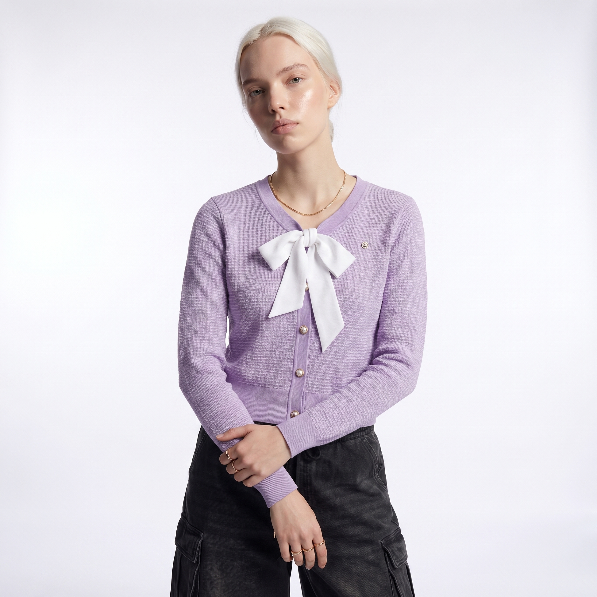 Sunoire women cropped v neck knit cardigan white bow tie waffle texture pearl button long sleeve elegant purple sweater jacket top front crop 01