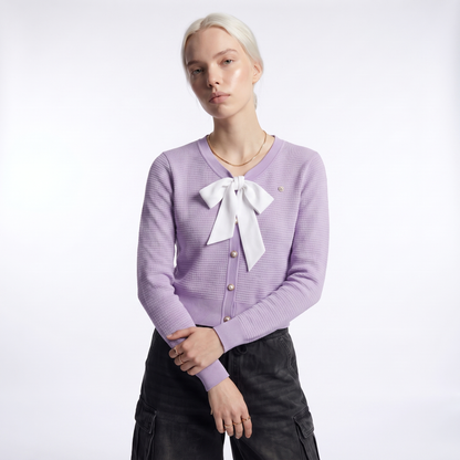 Sunoire women cropped v neck knit cardigan white bow tie waffle texture pearl button long sleeve elegant purple sweater jacket top front crop 01