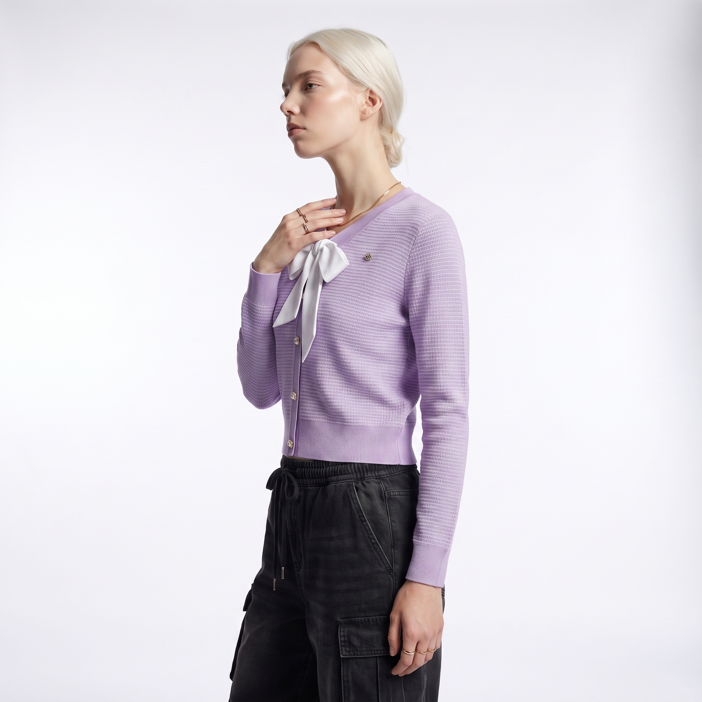 Sunoire women cropped v neck knit cardigan white bow tie waffle texture pearl button long sleeve elegant purple sweater jacket top side crop 01