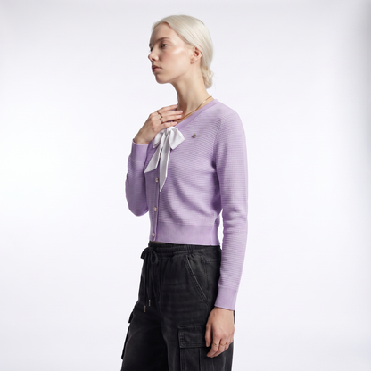 Sunoire women cropped v neck knit cardigan white bow tie waffle texture pearl button long sleeve elegant purple sweater jacket top side crop 01