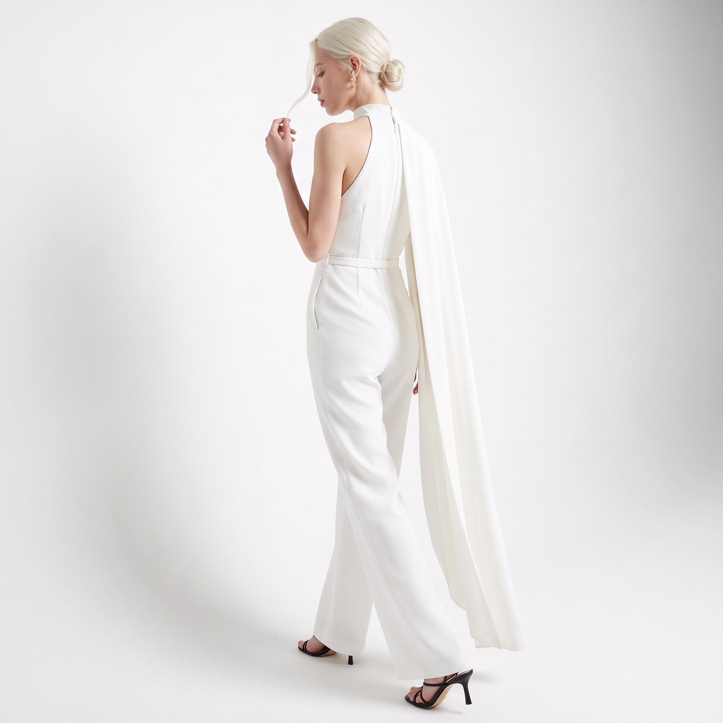 Sunoire women elegant white halter neck draped jumpsuit sexy backless sleeveless wide leg evening party runway jumpsuits back view 01