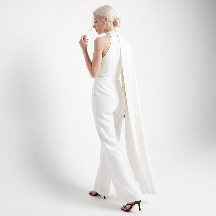 Sunoire women elegant white halter neck draped jumpsuit sexy backless sleeveless wide leg evening party runway jumpsuits back view 01