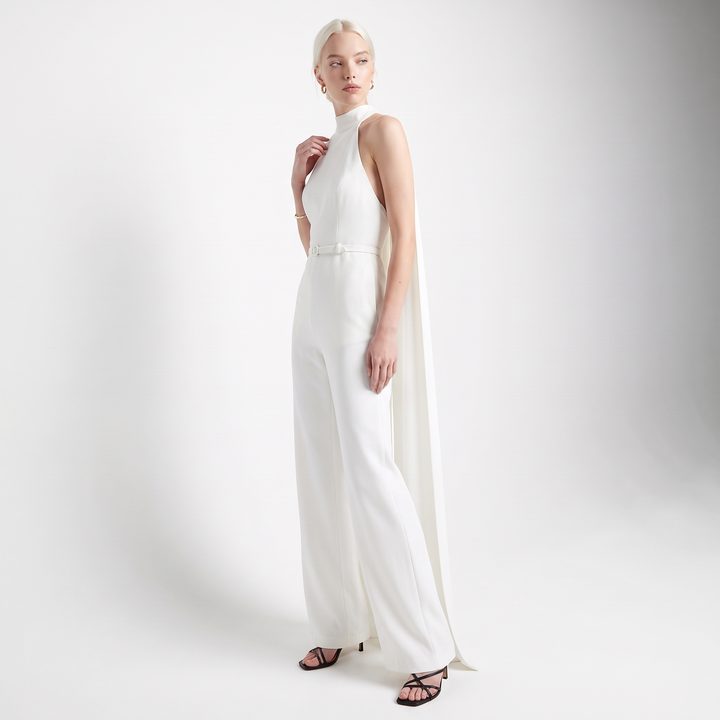 Sunoire women elegant white halter neck draped jumpsuit sexy backless sleeveless wide leg evening party runway jumpsuits three quarter 01