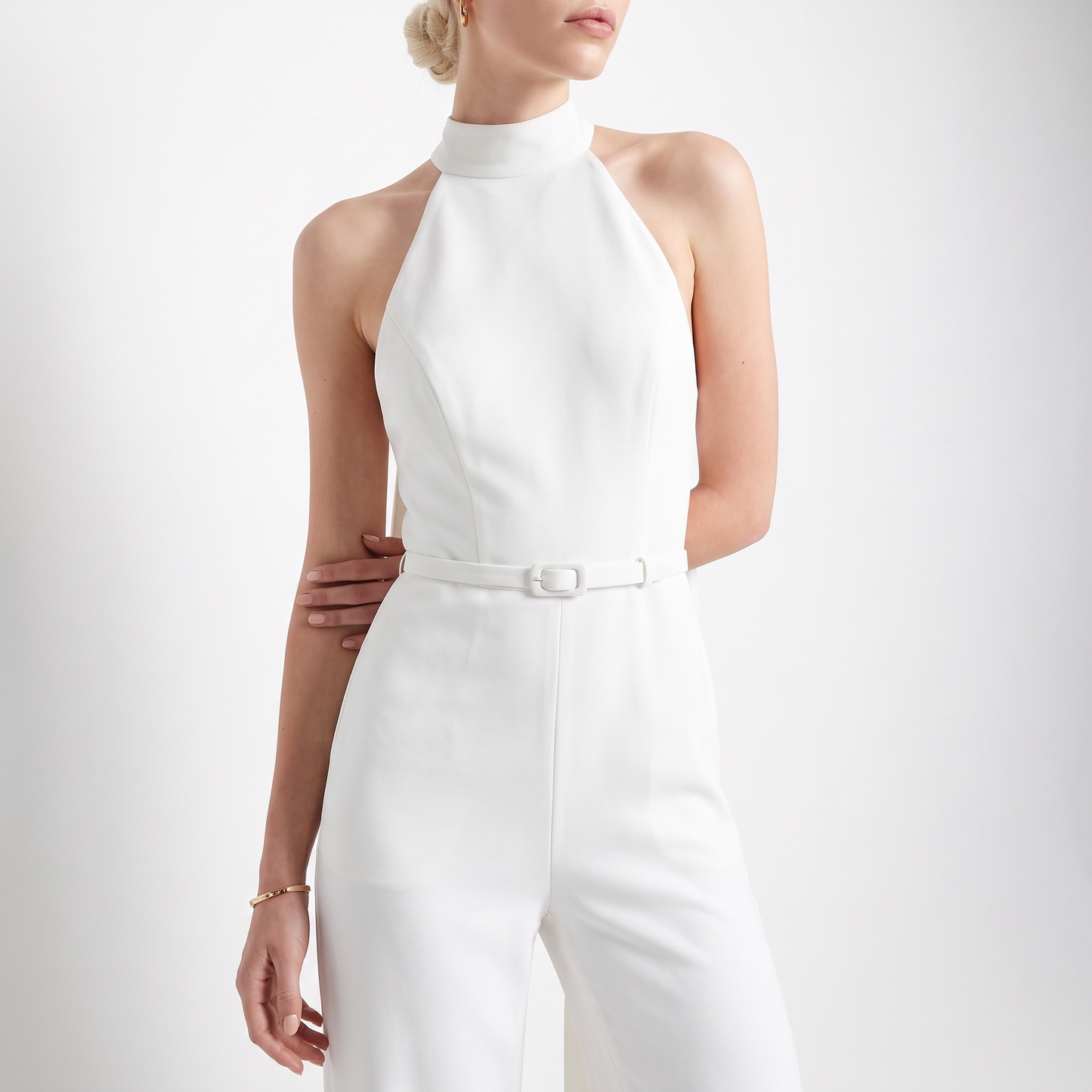Sunoire women elegant white halter neck draped jumpsuit sexy backless sleeveless wide leg evening party runway jumpsuits torso crop 01