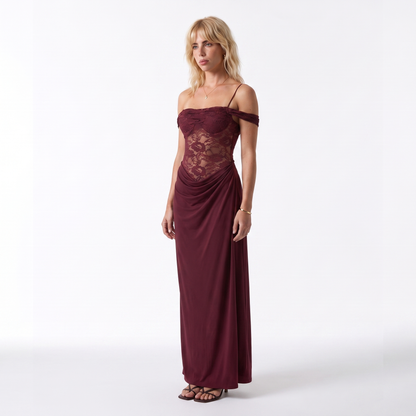 Sunoire women gown fashion off shoulder sleeveless backless club long dresses one shoulder lace see through sexy maxi dress colorway burgundy with bra pad front hero 01